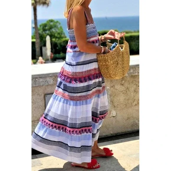 ZARA Boho Smocked Embroidered Midi Dress M Tassel Trim Multicolor Stripe Resort - Picture 2 of 16